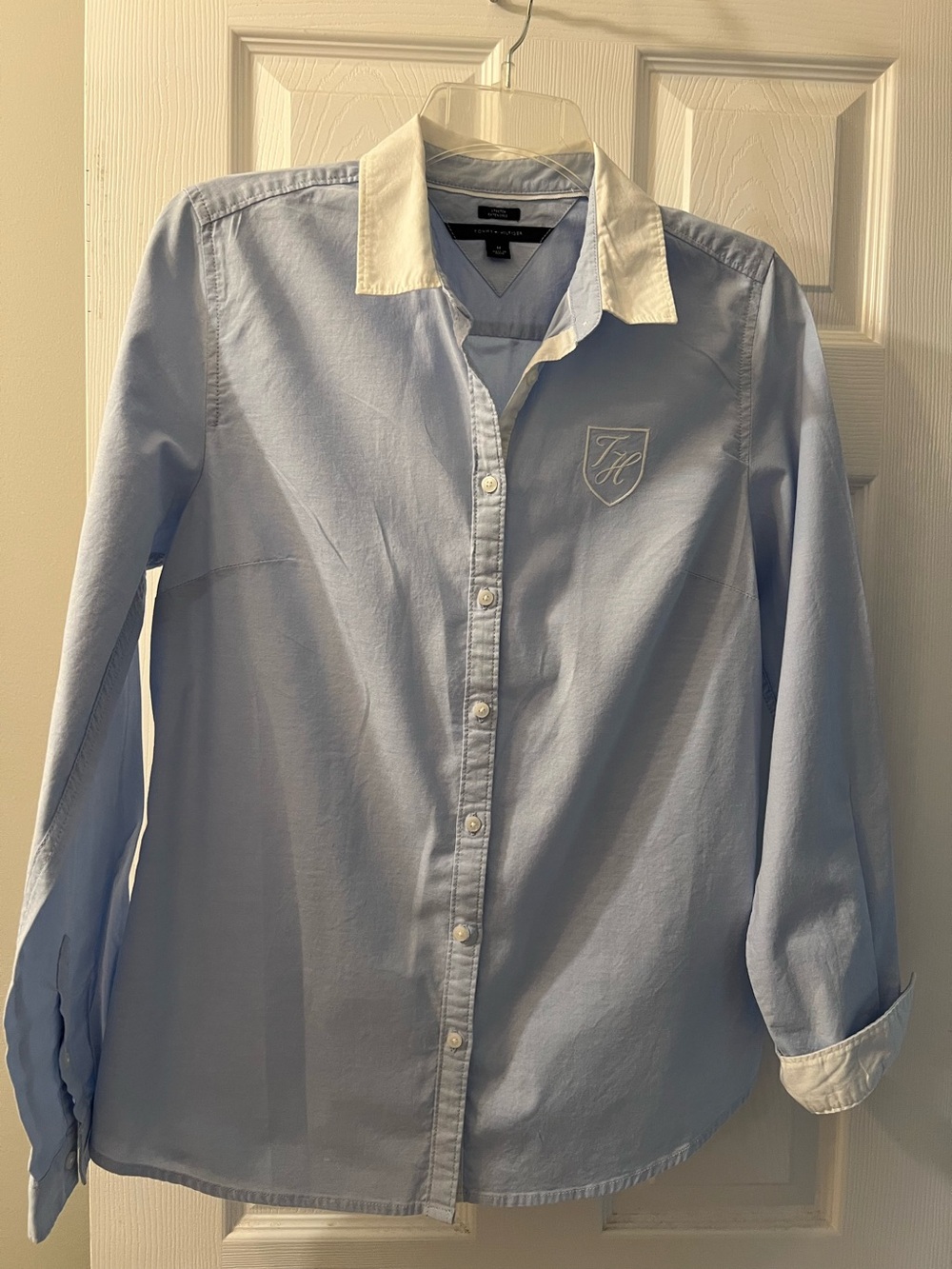Light Blue women Button-Up Shirt with White Contrast Collar